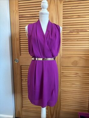 FABLE Fuchsia Sleeveless Draped Wrap Mini Dress with Gold Belt
